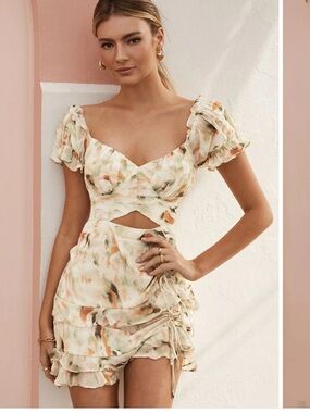 Selfie Leslie Watercolor Floral Cutout Mini Dress in Cream, Orange & Green